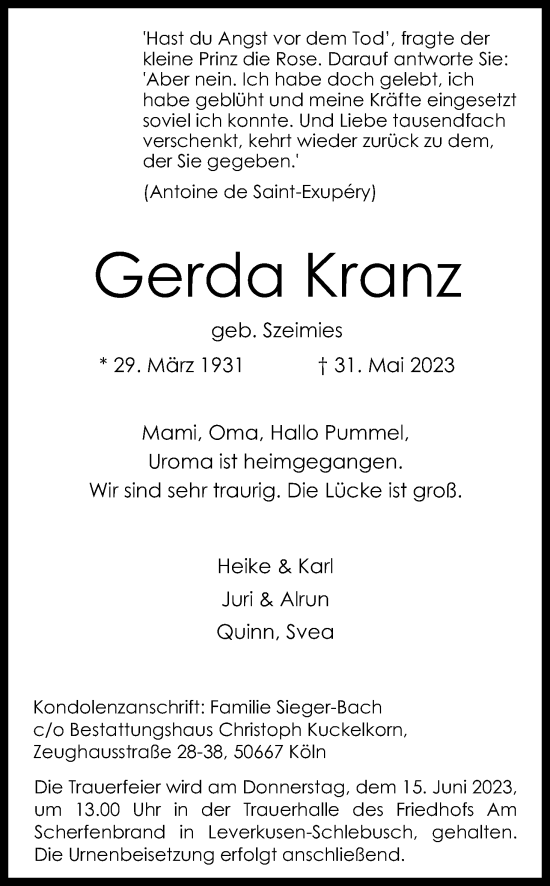Anzeige von Gerda Kranz von Kölner Stadt-Anzeiger / Kölnische Rundschau / Express