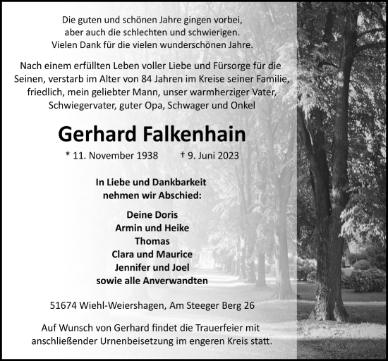 Anzeige von Gerhard Falkenhain von  Anzeigen Echo 