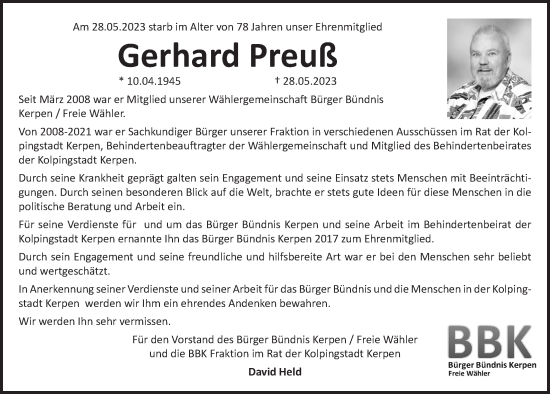Anzeige von Gerhard Preuß von  Werbepost 