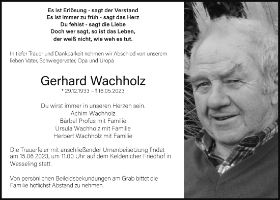 Anzeige von Gerhard Wachholz von  Schlossbote/Werbekurier 