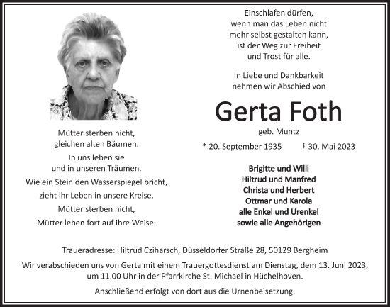 Anzeige von Gerta Foth von  Werbepost 