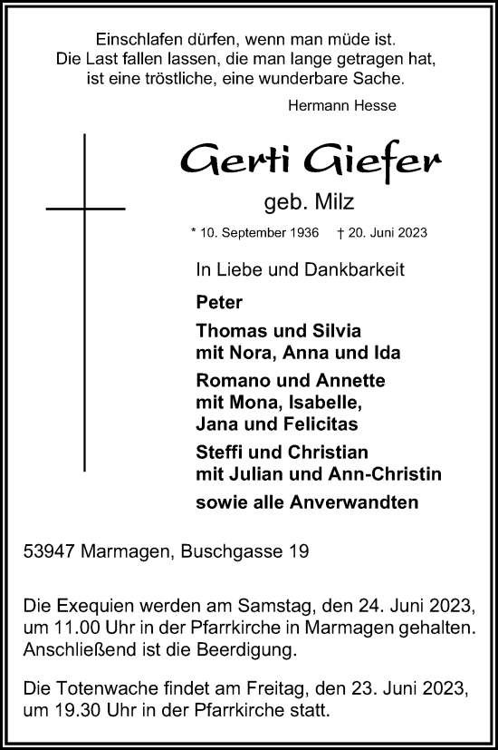 Anzeige von Gerti Giefer von Kölner Stadt-Anzeiger / Kölnische Rundschau / Express