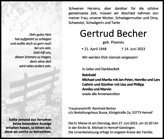 Anzeige von Gertrud Becher von Kölner Stadt-Anzeiger / Kölnische Rundschau / Express