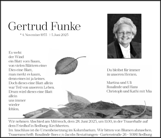 Anzeige von Gertrud Funke von  Werbepost 