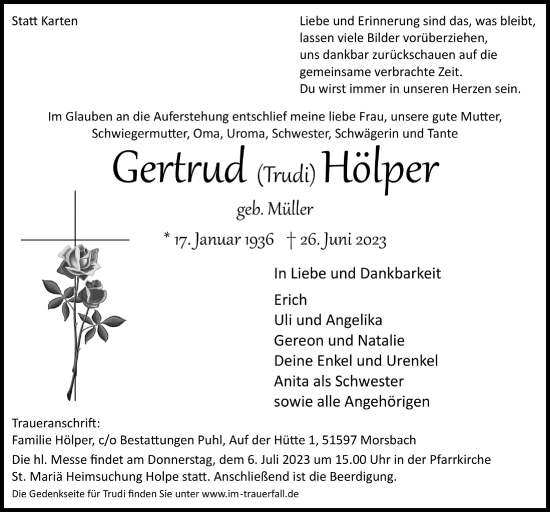 Anzeige von Gertrud Hölper von  Lokalanzeiger 