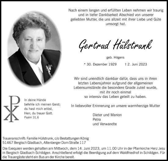 Anzeige von Gertrud Hülstrunk von Kölner Stadt-Anzeiger / Kölnische Rundschau / Express