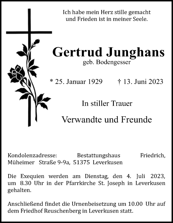 Anzeige von Gertrud Junghans von Kölner Stadt-Anzeiger / Kölnische Rundschau / Express
