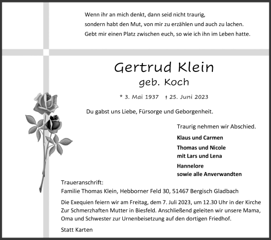 Anzeige von Gertrud Klein von Kölner Stadt-Anzeiger / Kölnische Rundschau / Express