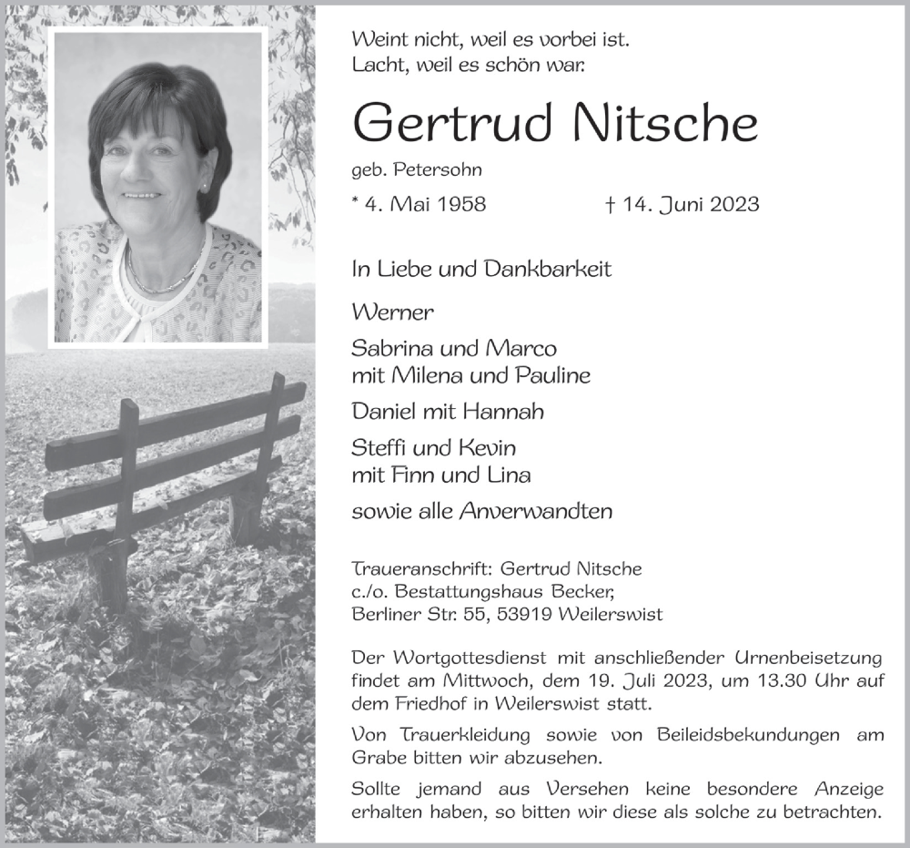  Traueranzeige für Gertrud Nitsche vom 24.06.2023 aus  Blickpunkt Euskirchen 