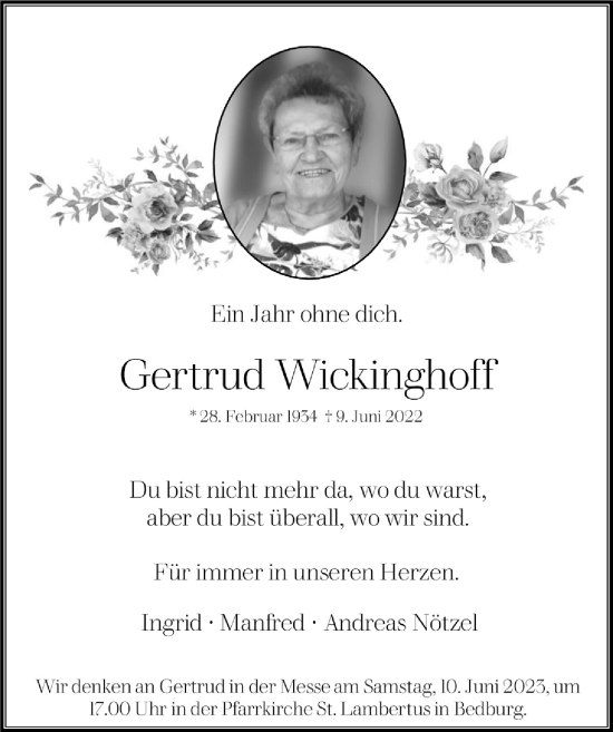 Anzeige von Gertrud Wickinghoff von  Werbepost 