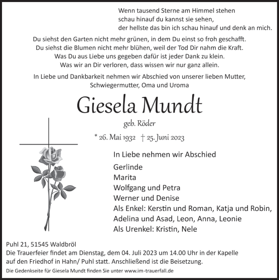 Anzeige von Giesela Mundt von  Lokalanzeiger 