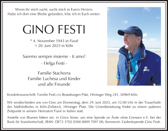 Anzeige von Gino Festi von Kölner Stadt-Anzeiger / Kölnische Rundschau / Express