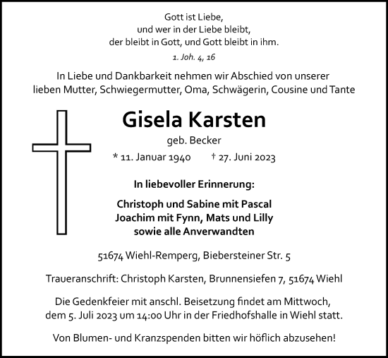 Anzeige von Gisela Karsten von Kölner Stadt-Anzeiger / Kölnische Rundschau / Express