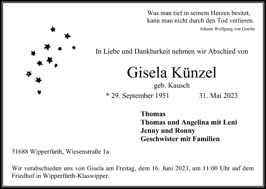 Anzeige von Gisela Künzel von Kölner Stadt-Anzeiger / Kölnische Rundschau / Express
