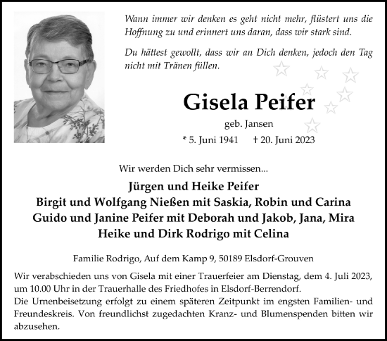 Anzeige von Gisela Peifer von  Werbepost 