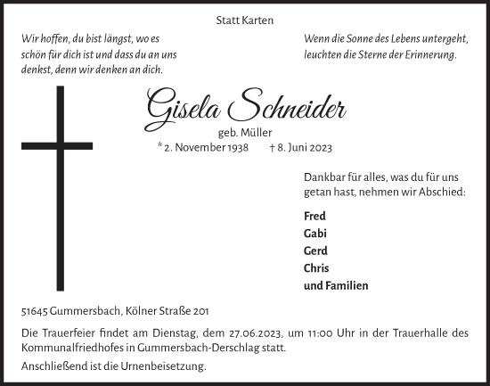 Anzeige von Gisela Schneider von  Anzeigen Echo 