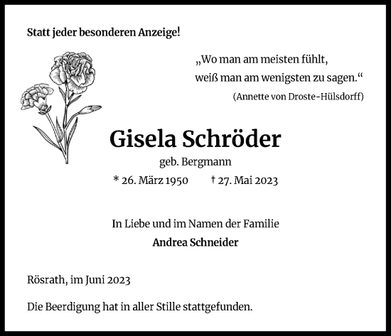 Anzeige von Gisela Schröder von Kölner Stadt-Anzeiger / Kölnische Rundschau / Express
