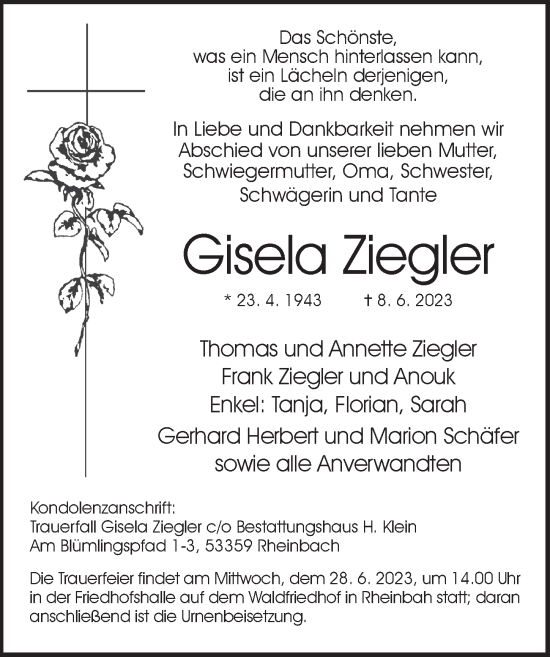 Anzeige von Gisela Ziegler von  Schaufenster/Blickpunkt 