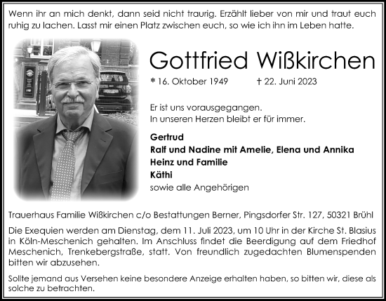 Anzeige von Gottfried Wißkirchen von Kölner Stadt-Anzeiger / Kölnische Rundschau / Express