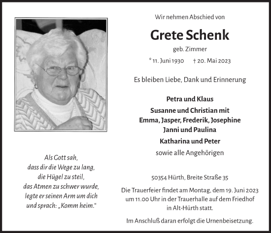 Anzeige von Grete Schenk von  Wochenende 