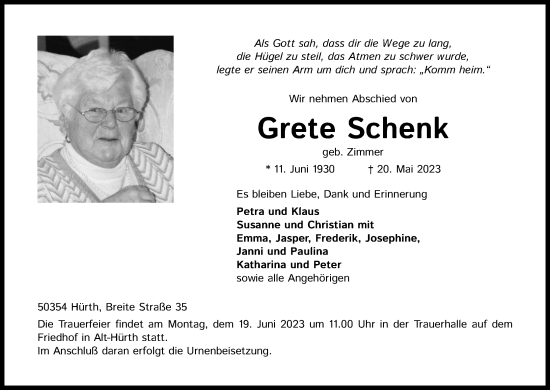 Anzeige von Grete Schenk von Kölner Stadt-Anzeiger / Kölnische Rundschau / Express