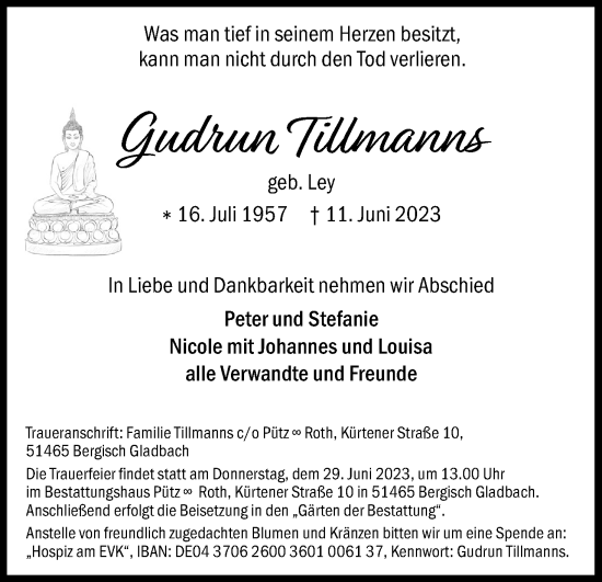 Anzeige von Gudrun Tillmanns von Kölner Stadt-Anzeiger / Kölnische Rundschau / Express