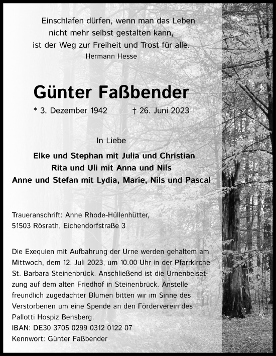 Anzeige von Günter Faßbender von Kölner Stadt-Anzeiger / Kölnische Rundschau / Express