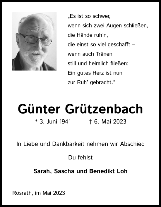 Anzeige von Günter Grützenbach von Kölner Stadt-Anzeiger / Kölnische Rundschau / Express