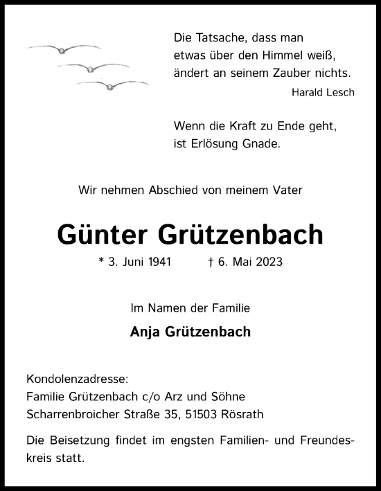 Anzeige von Günter Grützenbach von Kölner Stadt-Anzeiger / Kölnische Rundschau / Express