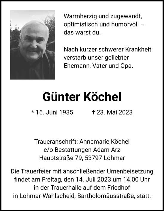 Anzeige von Günter Köchel von Kölner Stadt-Anzeiger / Kölnische Rundschau / Express