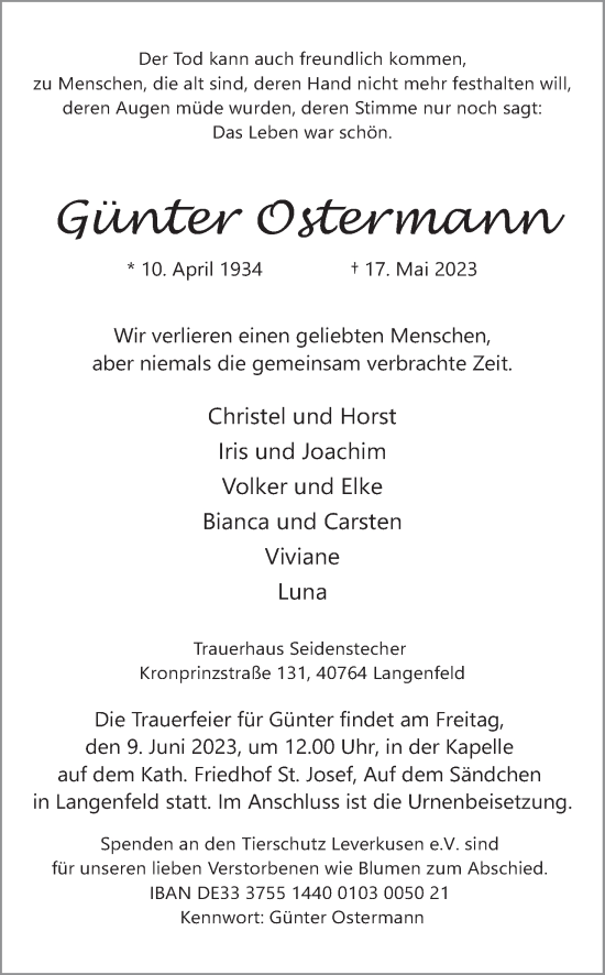 Anzeige von Günter Ostermann von Kölner Stadt-Anzeiger / Kölnische Rundschau / Express