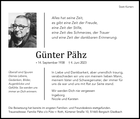 Anzeige von Günter Pähz von Kölner Stadt-Anzeiger / Kölnische Rundschau / Express