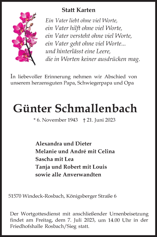 Anzeige von Günter Schmallenbach von Kölner Stadt-Anzeiger / Kölnische Rundschau / Express