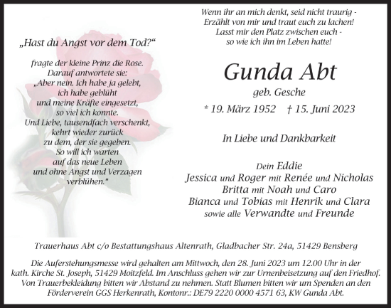 Anzeige von Gunda Abt von  Bergisches Handelsblatt 