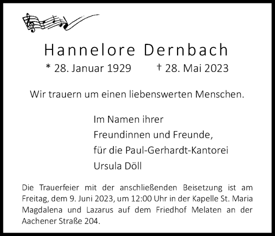 Anzeige von Hannelore Dernbach von Kölner Stadt-Anzeiger / Kölnische Rundschau / Express