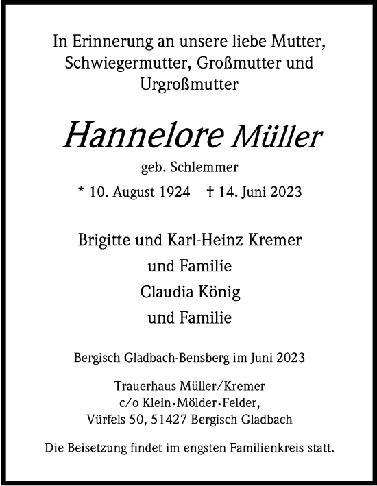 Anzeige von Hannelore Müller von Kölner Stadt-Anzeiger / Kölnische Rundschau / Express