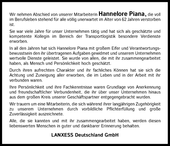 Anzeige von Hannelore Piana von Kölner Stadt-Anzeiger / Kölnische Rundschau / Express