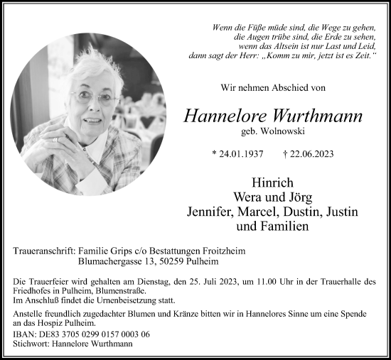 Anzeige von Hannelore Wurthmann von Kölner Stadt-Anzeiger / Kölnische Rundschau / Express