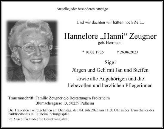 Anzeige von Hannelore Zeugner von  Wochenende 