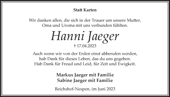 Anzeige von Hanni Jaeger von  Lokalanzeiger 