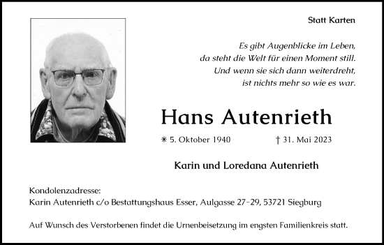 Anzeige von Hans Autenrieth von Kölner Stadt-Anzeiger / Kölnische Rundschau / Express