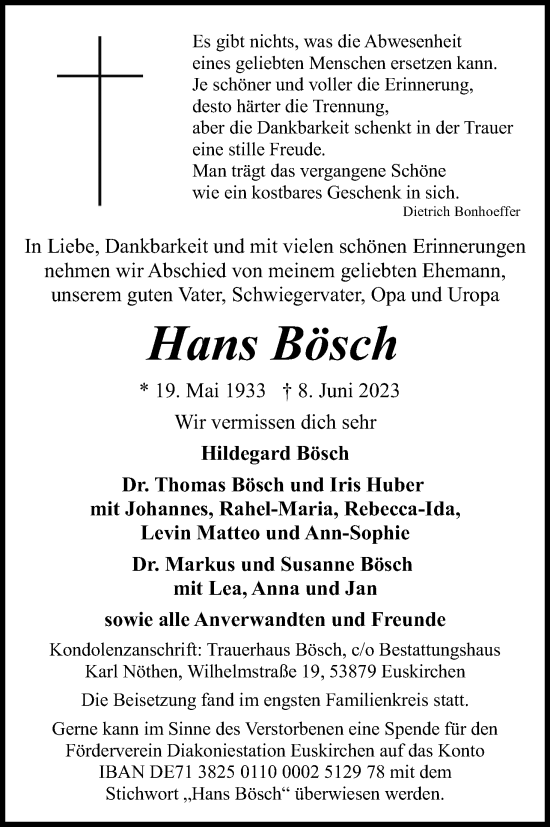 Anzeige von Hans Bösch von Kölner Stadt-Anzeiger / Kölnische Rundschau / Express