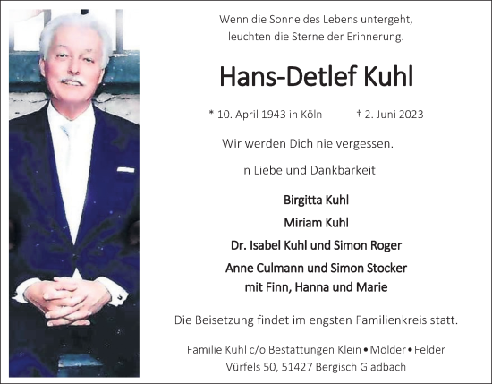 Anzeige von Hans-Detlef Kuhl von Kölner Stadt-Anzeiger / Kölnische Rundschau / Express
