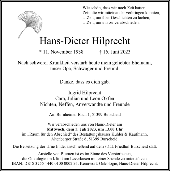 Anzeige von Hans-Dieter Hilprecht von  Lokale Informationen 