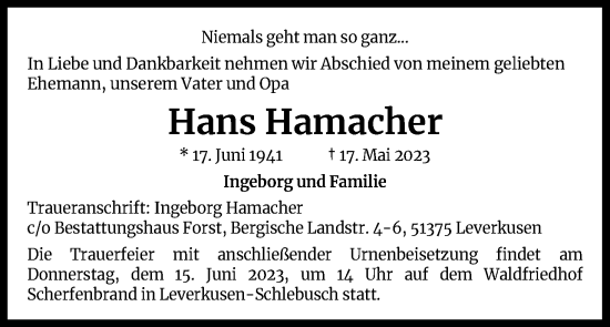 Anzeige von Hans Hamacher von Kölner Stadt-Anzeiger / Kölnische Rundschau / Express