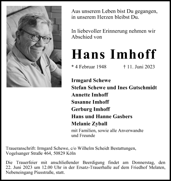 Anzeige von Hans Imhoff von Kölner Stadt-Anzeiger / Kölnische Rundschau / Express