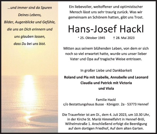 Anzeige von Hans-Josef Hackl von Kölner Stadt-Anzeiger / Kölnische Rundschau / Express