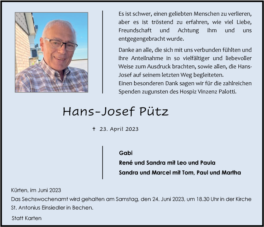  Traueranzeige für Hans-Josef Pütz vom 16.06.2023 aus  Bergisches Handelsblatt 
