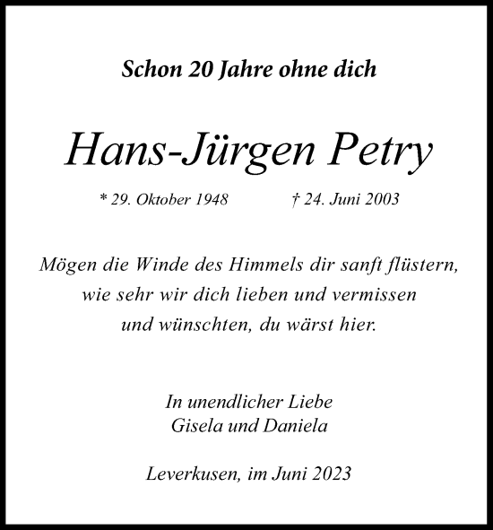 Anzeige von Hans-Jürgen Petry von Kölner Stadt-Anzeiger / Kölnische Rundschau / Express