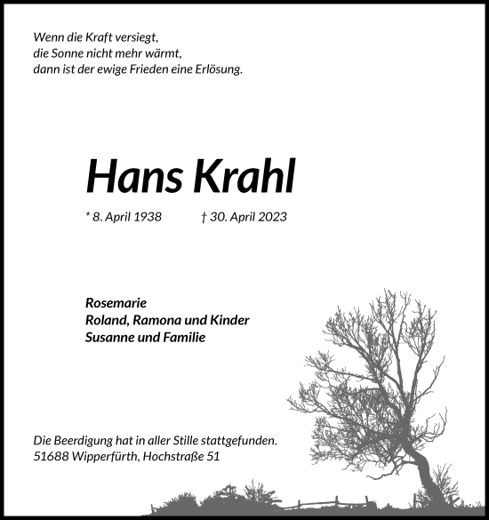 Anzeige von Hans Krah von Kölner Stadt-Anzeiger / Kölnische Rundschau / Express